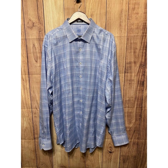 Bugatchi Classic Fit 3XL Long Sleeve Shirt Blue White Plaid Button Down Casual - Picture 1 of 12